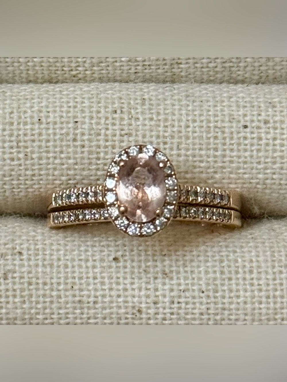 Rose Gold Oval Halo Ring with Pink Morganite Center Stone Wedding Set